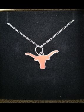Texas Longhorn Pendant Necklace in Orange Enamel In Nice Gold Box